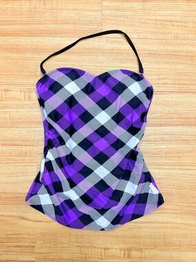 Hobie Purple Black Plaid Tankini Top Removable Strap Size M Bandeau Swim